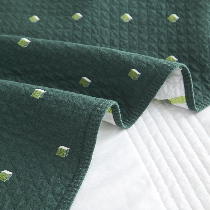 91家纺网 家纺一手货源 找家纺 悦然毛巾被 2025新款全棉纯棉三层纱水洗枕巾 立体格草绿