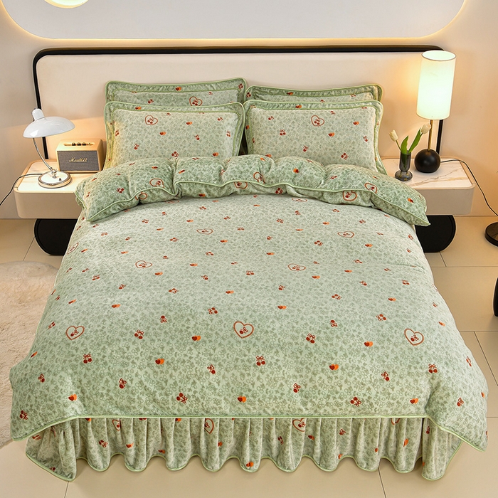 91家纺网 家纺一手货源 找家纺 诺梵家纺 2025新款8斤加厚保暖金貂绒牛奶绒印花四件套小樱桃-绿