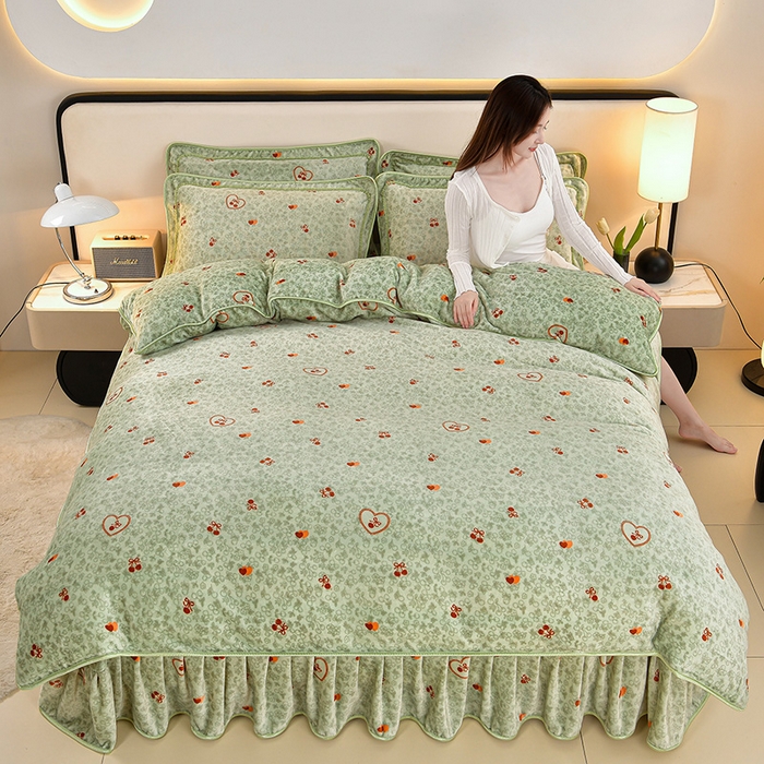 诺梵家纺 2025新款8斤加厚保暖金貂绒牛奶绒印花四件套小樱桃-绿