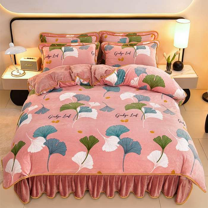 91家纺网 家纺一手货源 找家纺 诺梵家纺 2025新款8斤加厚保暖金貂绒牛奶绒印花四件套一叶知秋-粉