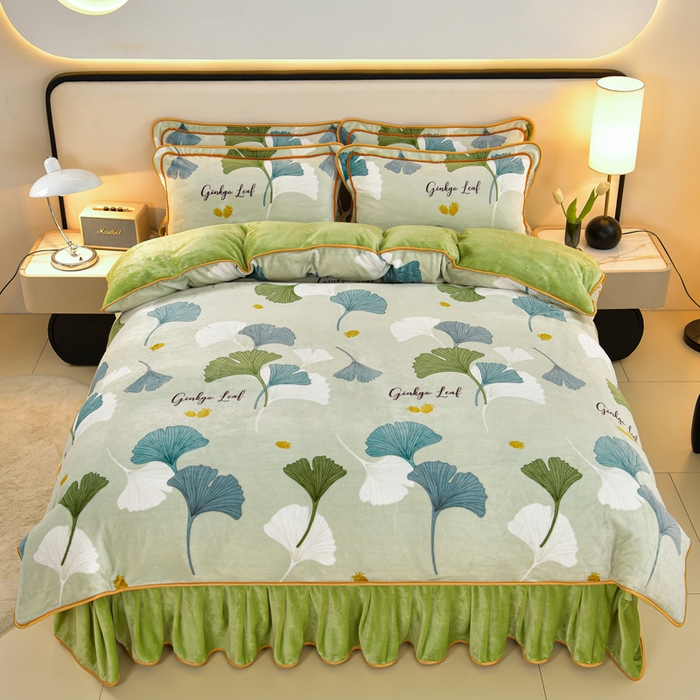 91家纺网 家纺一手货源 找家纺 诺梵家纺 2025新款8斤加厚保暖金貂绒牛奶绒印花四件套一叶知秋-绿