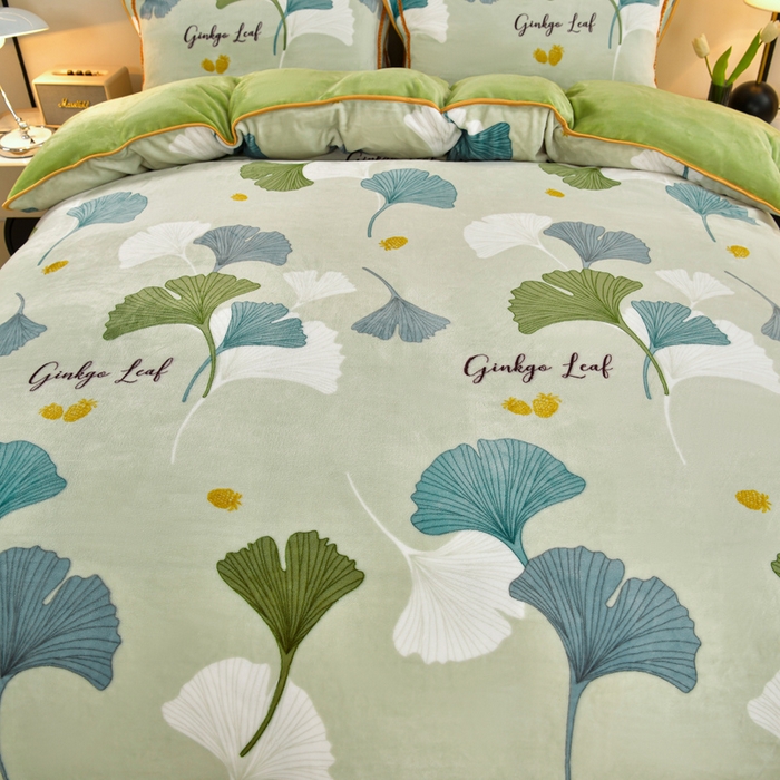 91家纺网 家纺一手货源 找家纺 诺梵家纺 2025新款8斤加厚保暖金貂绒牛奶绒印花四件套一叶知秋-绿