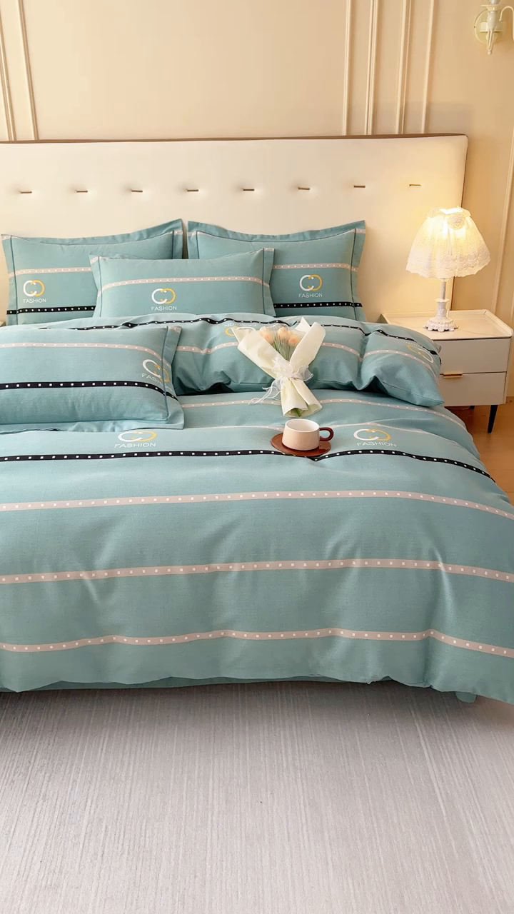 91家纺网 家纺一手货源 找家纺 铭浩 2025新款纯棉棉加厚磨毛升级喷气面料全棉四件套三件套 亨特利-绿