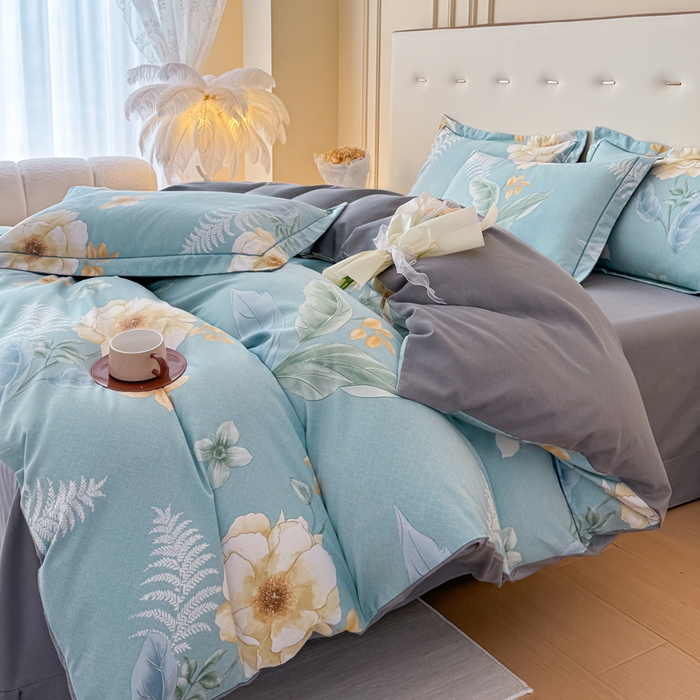 91家纺网 家纺一手货源 找家纺 铭浩 2025新款纯棉棉加厚磨毛升级喷气面料全棉四件套三件套 花萃清风-绿