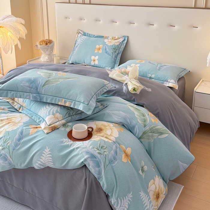 91家纺网 家纺一手货源 找家纺 铭浩 2025新款纯棉棉加厚磨毛升级喷气面料全棉四件套三件套 花萃清风-绿