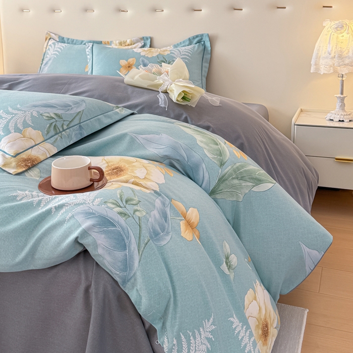 91家纺网 家纺一手货源 找家纺 铭浩 2025新款纯棉棉加厚磨毛升级喷气面料全棉四件套三件套 花萃清风-绿