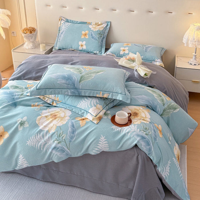 91家纺网 家纺一手货源 找家纺 铭浩 2025新款纯棉棉加厚磨毛升级喷气面料全棉四件套三件套 花萃清风-绿