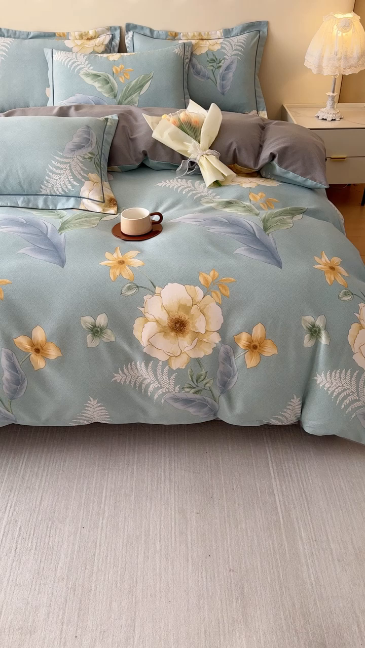 91家纺网 家纺一手货源 找家纺 铭浩 2025新款纯棉棉加厚磨毛升级喷气面料全棉四件套三件套 花萃清风-绿