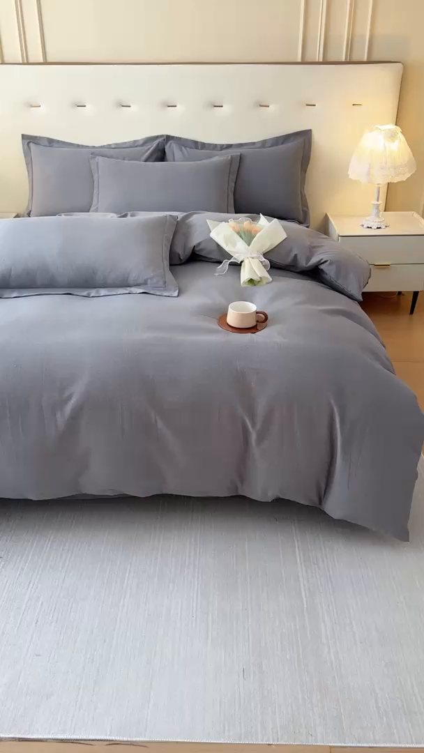 91家纺网 家纺一手货源 找家纺 铭浩 2025新款纯棉棉加厚磨毛升级喷气面料全棉四件套三件套 简纯-灰