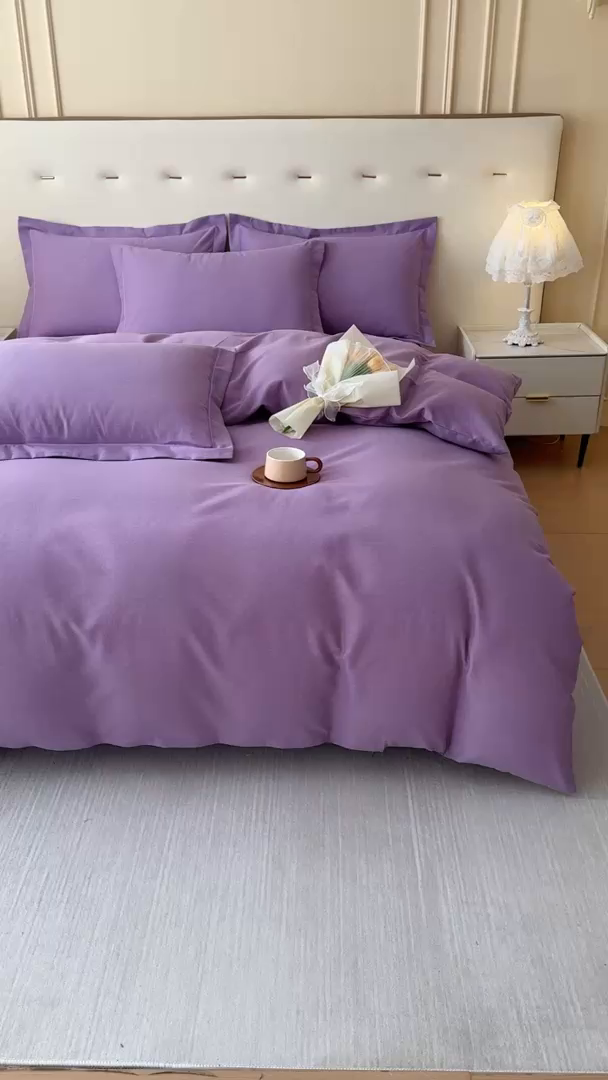 91家纺网 家纺一手货源 找家纺 铭浩 2025新款纯棉棉加厚磨毛升级喷气面料全棉四件套三件套 简纯-雪青