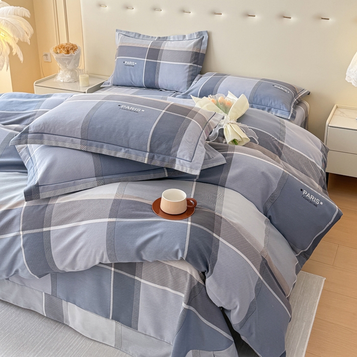 91家纺网 家纺一手货源 找家纺 铭浩 2025新款纯棉棉加厚磨毛升级喷气面料全棉四件套三件套 律动格彩-蓝