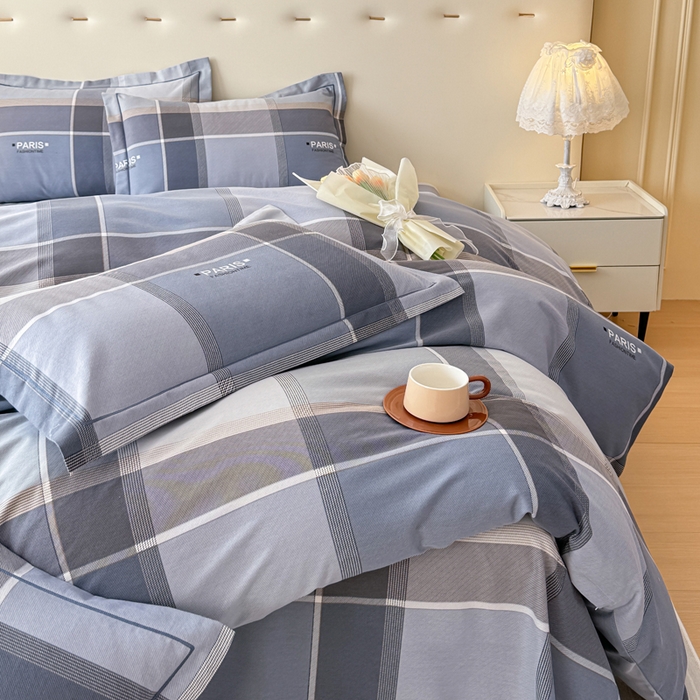 91家纺网 家纺一手货源 找家纺 铭浩 2025新款纯棉棉加厚磨毛升级喷气面料全棉四件套三件套 律动格彩-蓝