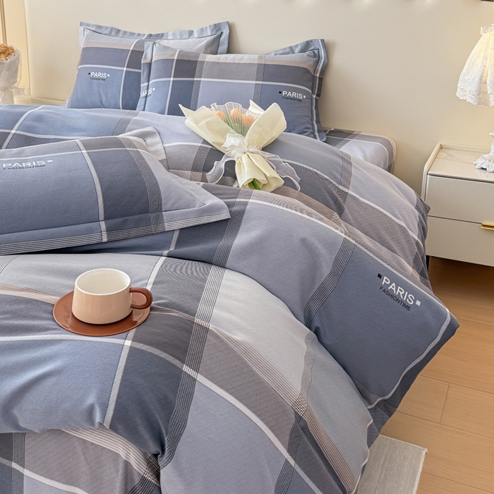 91家纺网 家纺一手货源 找家纺 铭浩 2025新款纯棉棉加厚磨毛升级喷气面料全棉四件套三件套 律动格彩-蓝