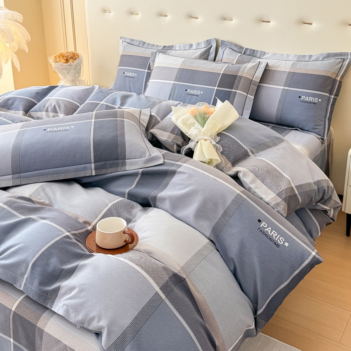 91家纺网 家纺一手货源 找家纺 铭浩 2025新款纯棉棉加厚磨毛升级喷气面料全棉四件套三件套 律动格彩-蓝