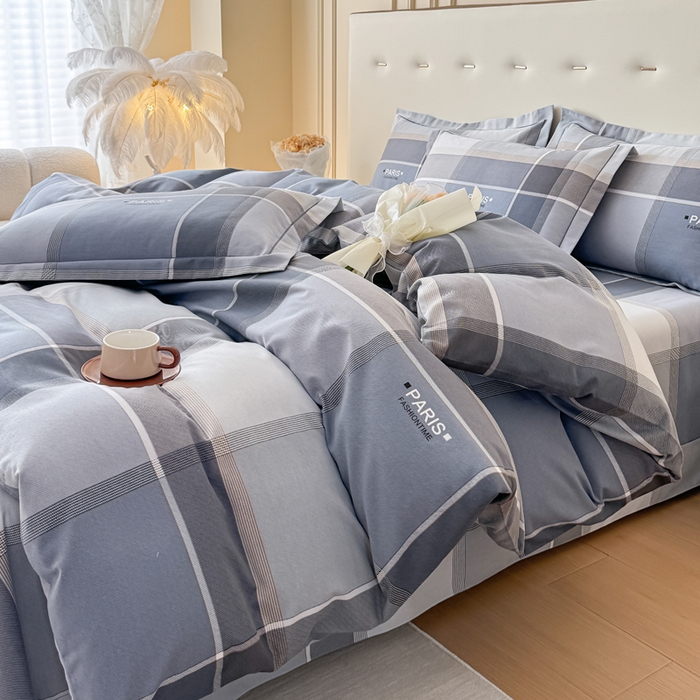 91家纺网 家纺一手货源 找家纺 铭浩 2025新款纯棉棉加厚磨毛升级喷气面料全棉四件套三件套 律动格彩-蓝