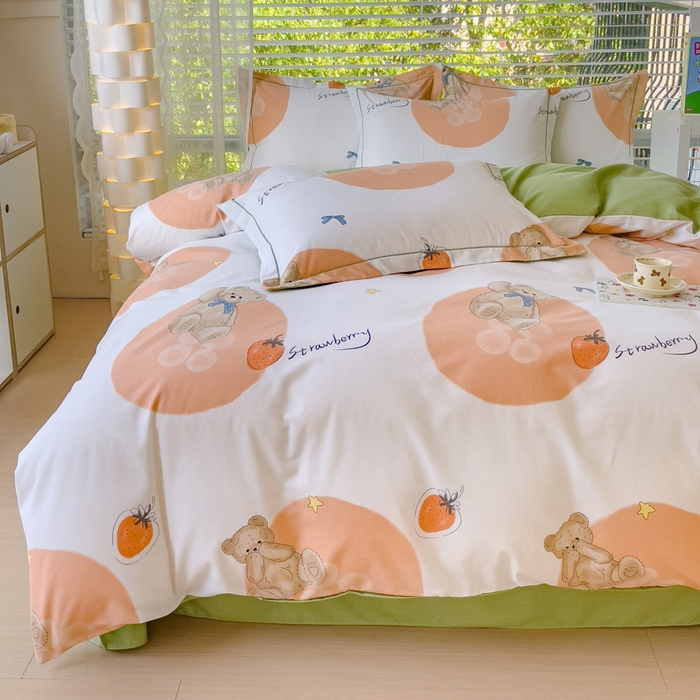 91家纺网 家纺一手货源 找家纺 铭浩 2025新款纯棉棉加厚磨毛升级喷气面料全棉四件套三件套 尼多熊-桔