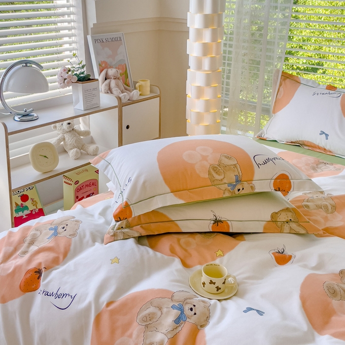 91家纺网 家纺一手货源 找家纺 铭浩 2025新款纯棉棉加厚磨毛升级喷气面料全棉四件套三件套 尼多熊-桔
