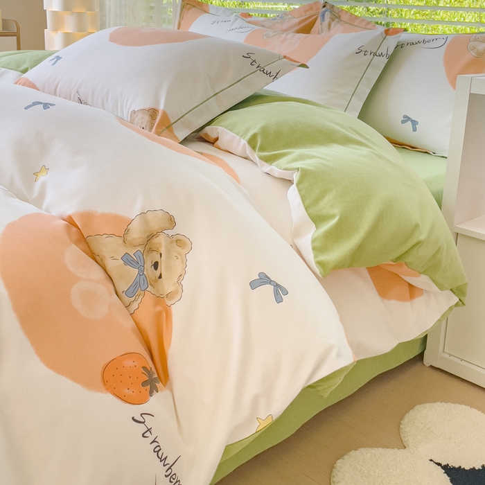 91家纺网 家纺一手货源 找家纺 铭浩 2025新款纯棉棉加厚磨毛升级喷气面料全棉四件套三件套 尼多熊-桔