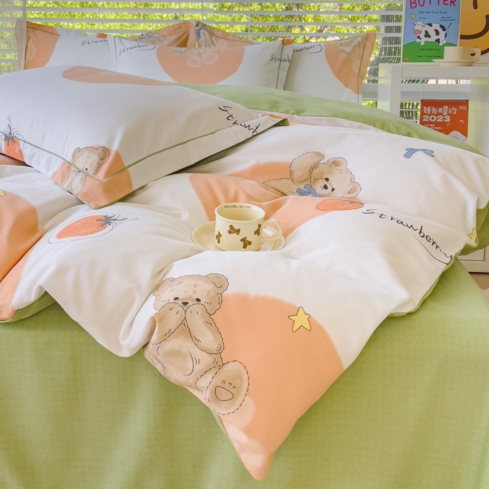 91家纺网 家纺一手货源 找家纺 铭浩 2025新款纯棉棉加厚磨毛升级喷气面料全棉四件套三件套 尼多熊-桔