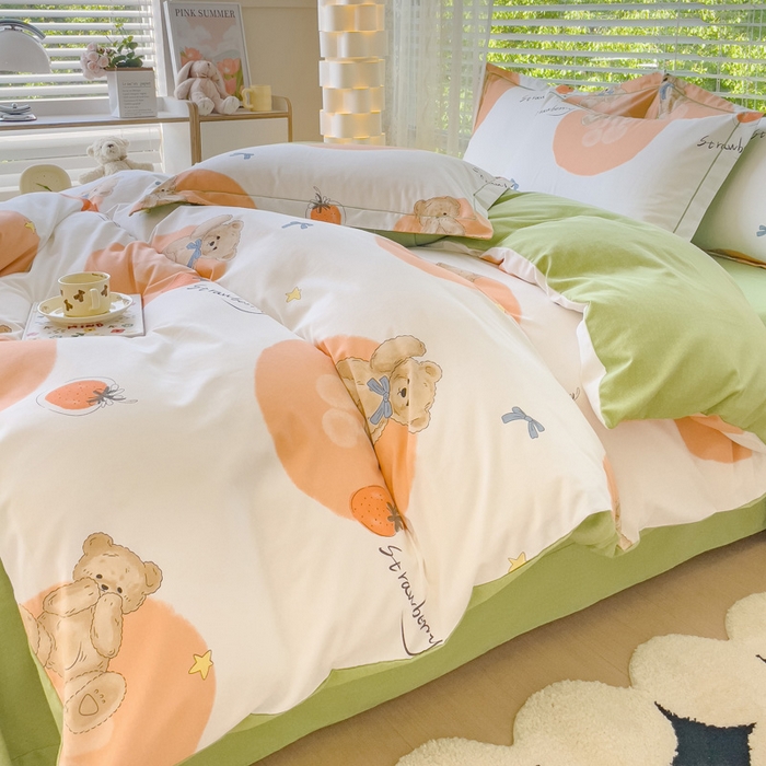 91家纺网 家纺一手货源 找家纺 铭浩 2025新款纯棉棉加厚磨毛升级喷气面料全棉四件套三件套 尼多熊-桔