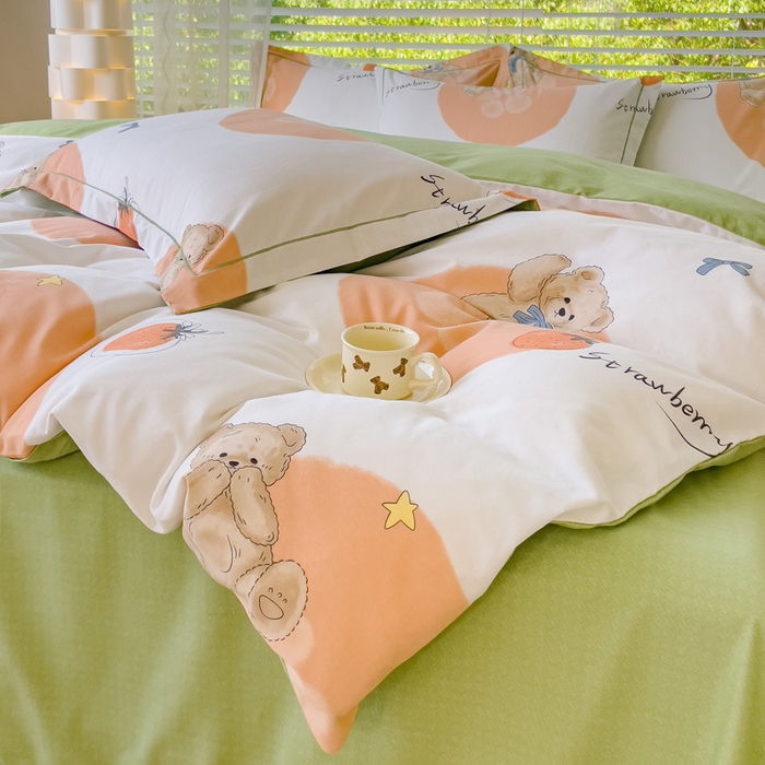 91家纺网 家纺一手货源 找家纺 铭浩 2025新款纯棉棉加厚磨毛升级喷气面料全棉四件套三件套 尼多熊-桔