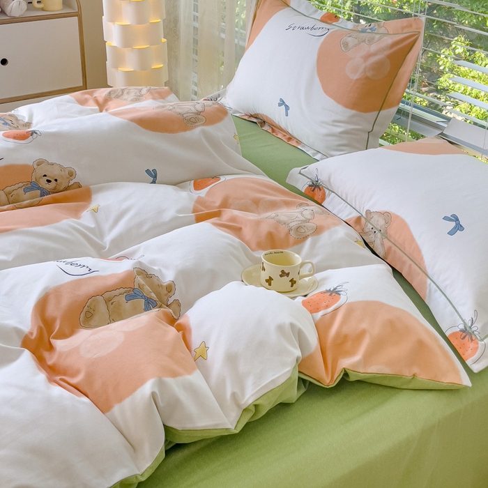 91家纺网 家纺一手货源 找家纺 铭浩 2025新款纯棉棉加厚磨毛升级喷气面料全棉四件套三件套 尼多熊-桔