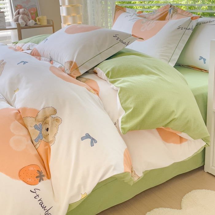 91家纺网 家纺一手货源 找家纺 铭浩 2025新款纯棉棉加厚磨毛升级喷气面料全棉四件套三件套 尼多熊-桔