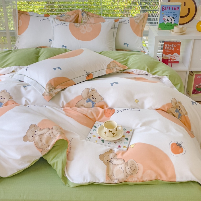 91家纺网 家纺一手货源 找家纺 铭浩 2025新款纯棉棉加厚磨毛升级喷气面料全棉四件套三件套 尼多熊-桔