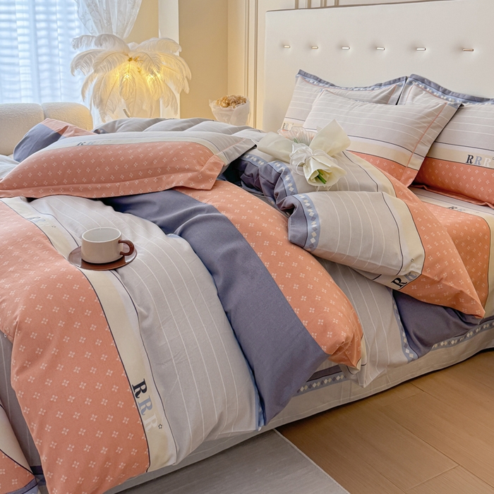 91家纺网 家纺一手货源 找家纺 铭浩 2025新款纯棉棉加厚磨毛升级喷气面料全棉四件套三件套 生活情调-橘