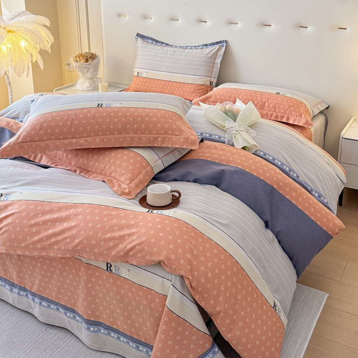 91家纺网 家纺一手货源 找家纺 铭浩 2025新款纯棉棉加厚磨毛升级喷气面料全棉四件套三件套 生活情调-橘