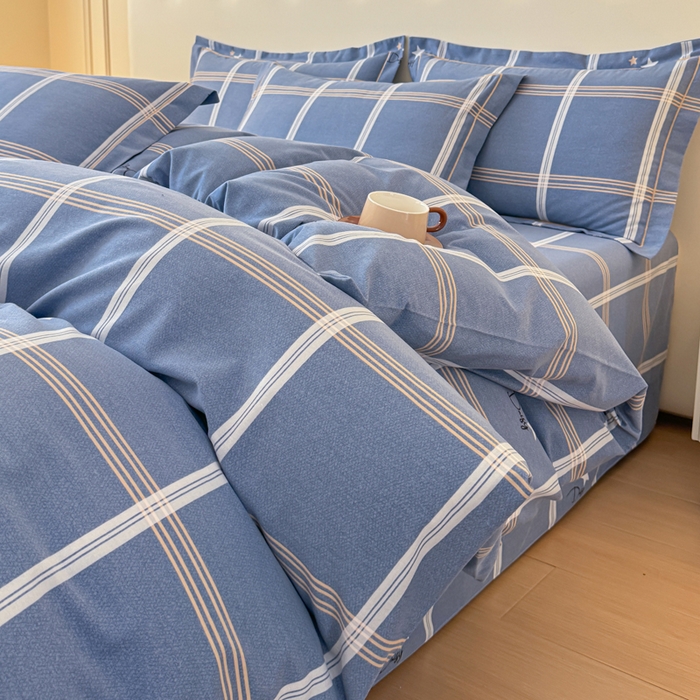 91家纺网 家纺一手货源 找家纺 铭浩 2025新款纯棉棉加厚磨毛升级喷气面料全棉四件套三件套 星之所想-蓝