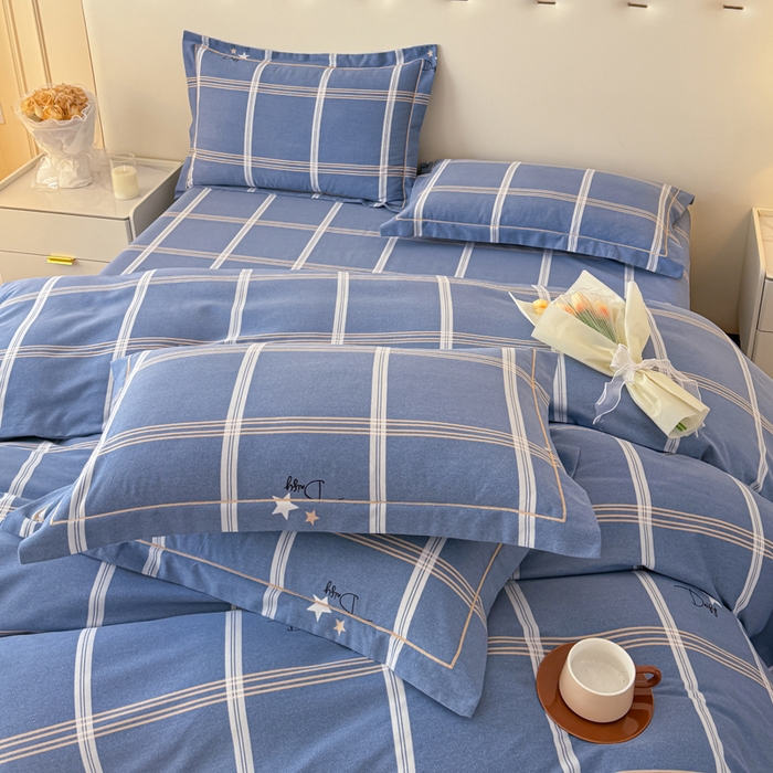 91家纺网 家纺一手货源 找家纺 铭浩 2025新款纯棉棉加厚磨毛升级喷气面料全棉四件套三件套 星之所想-蓝