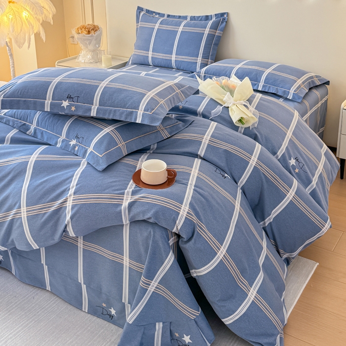 91家纺网 家纺一手货源 找家纺 铭浩 2025新款纯棉棉加厚磨毛升级喷气面料全棉四件套三件套 星之所想-蓝