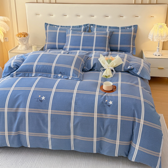 91家纺网 家纺一手货源 找家纺 铭浩 2025新款纯棉棉加厚磨毛升级喷气面料全棉四件套三件套 星之所想-蓝