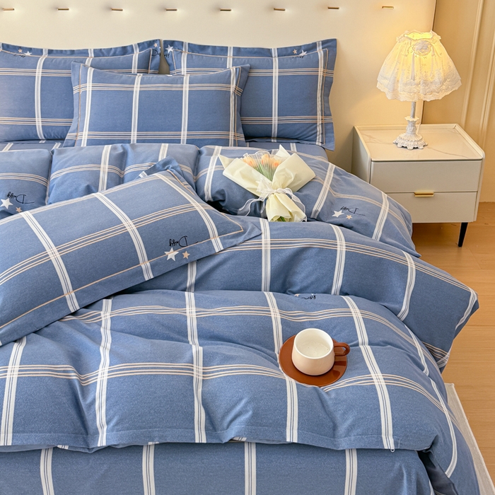 91家纺网 家纺一手货源 找家纺 铭浩 2025新款纯棉棉加厚磨毛升级喷气面料全棉四件套三件套 星之所想-蓝