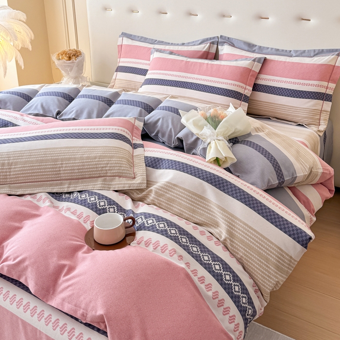 91家纺网 家纺一手货源 找家纺 铭浩 2025新款纯棉棉加厚磨毛升级喷气面料全棉四件套三件套 印象前线-粉