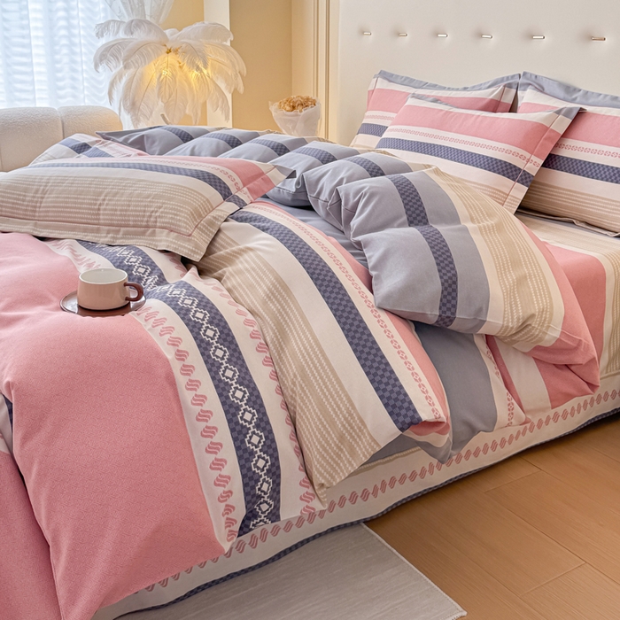 91家纺网 家纺一手货源 找家纺 铭浩 2025新款纯棉棉加厚磨毛升级喷气面料全棉四件套三件套 印象前线-粉