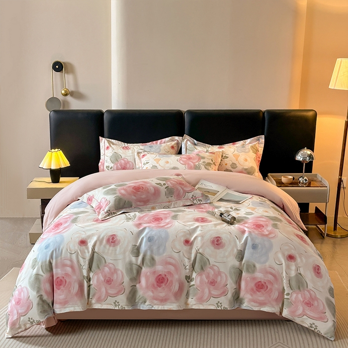 帛美家纺 2025新款全棉加厚款数码印花磨毛四件套 桃汐