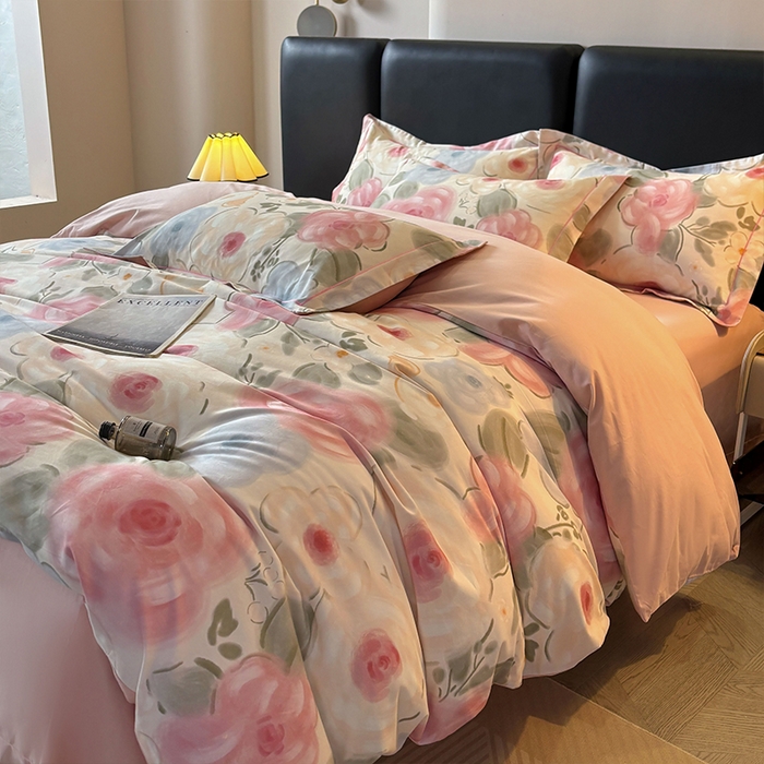 91家纺网 家纺一手货源 找家纺 帛美家纺 2025新款全棉加厚款数码印花磨毛四件套 桃汐