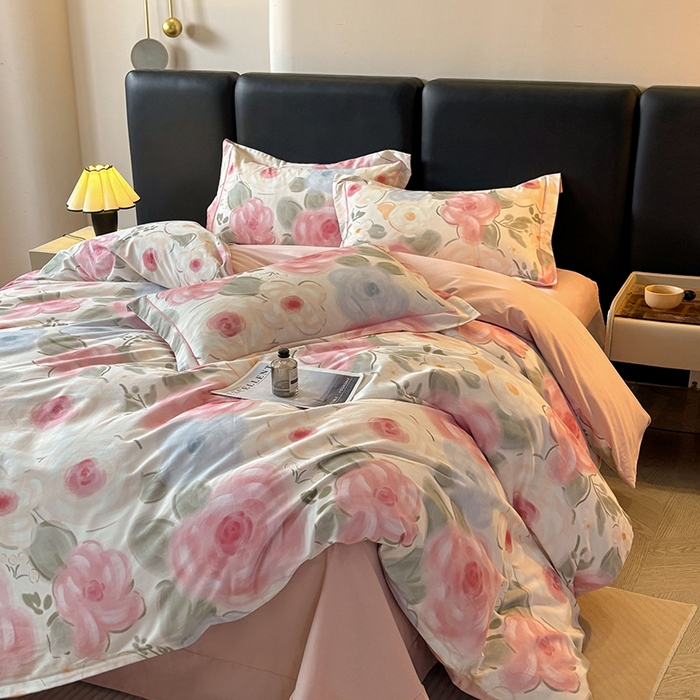 91家纺网 家纺一手货源 找家纺 帛美家纺 2025新款全棉加厚款数码印花磨毛四件套 桃汐