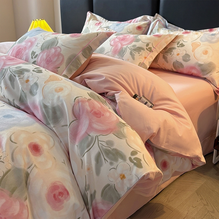 91家纺网 家纺一手货源 找家纺 帛美家纺 2025新款全棉加厚款数码印花磨毛四件套 桃汐