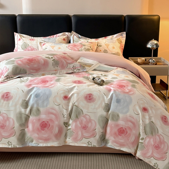 91家纺网 家纺一手货源 找家纺 帛美家纺 2025新款全棉加厚款数码印花磨毛四件套 桃汐