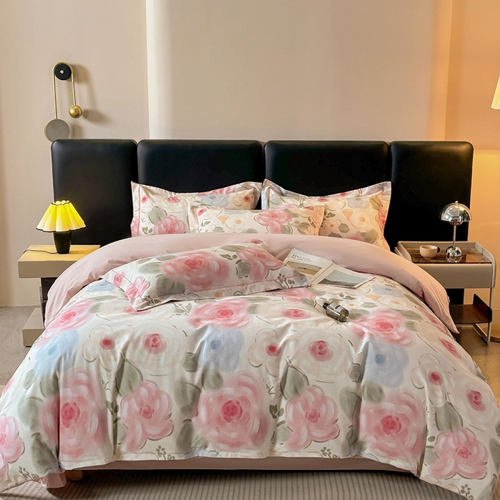 91家纺网 家纺一手货源 找家纺 帛美家纺 2025新款全棉加厚款数码印花磨毛四件套 桃汐