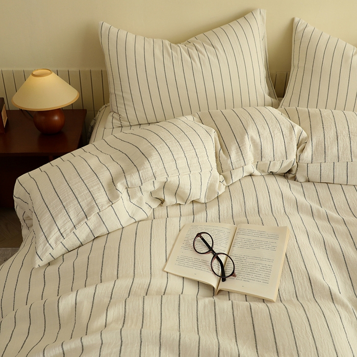 91家纺网 家纺一手货源 找家纺 棉小二 2025新款全棉色织条纹双层纱四件套 条纹白