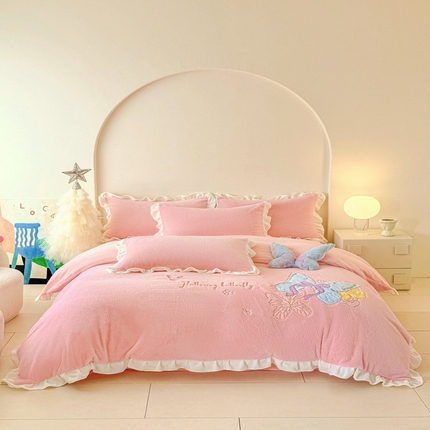 宝薇 2025新款高克重绒兔兔雪貂绒贴布绣四件套 蝴蝶-公主粉