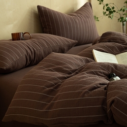 91家纺网 家纺一手货源 找家纺 （总）棉小二 2025新款全棉色织条纹双层纱四件套,条纹白,条纹咖,条纹驼