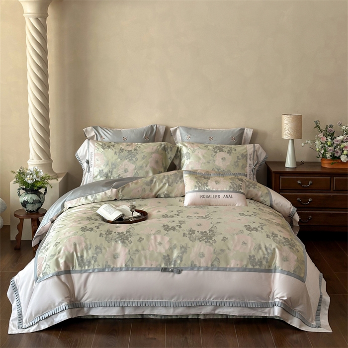 91家纺网 家纺一手货源 找家纺 红番天家居馆 2025新款高精密金丝提花四件套-仲夏之梦 仲夏之梦-欧碧绿