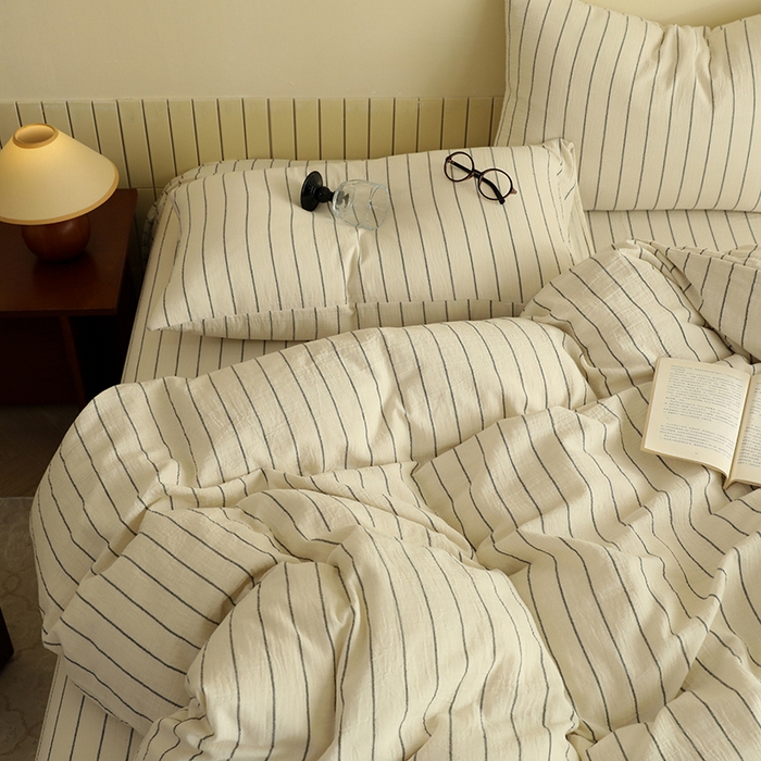 91家纺网 家纺一手货源 找家纺 棉小二 2025新款全棉色织条纹双层纱四件套 条纹白