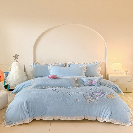 宝薇 2025新款高克重绒兔兔雪貂绒贴布绣四件套 蝴蝶-天空蓝