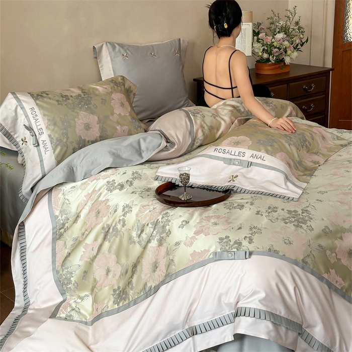 91家纺网 家纺一手货源 找家纺 红番天家居馆 2025新款高精密金丝提花四件套-仲夏之梦 仲夏之梦-欧碧绿